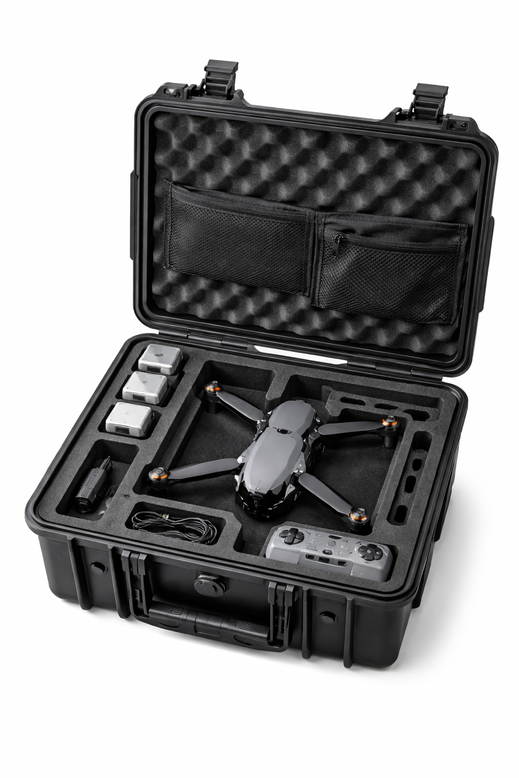 Open drone transport case with custom foam insert