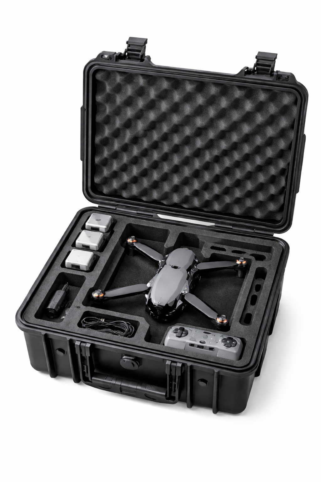 Open drone transport case with custom foam insert